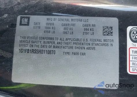 2017 Chevrolet Camaro 1Lt z USA, uszkodzony, nr VIN 1G1FB1RS5H0110870